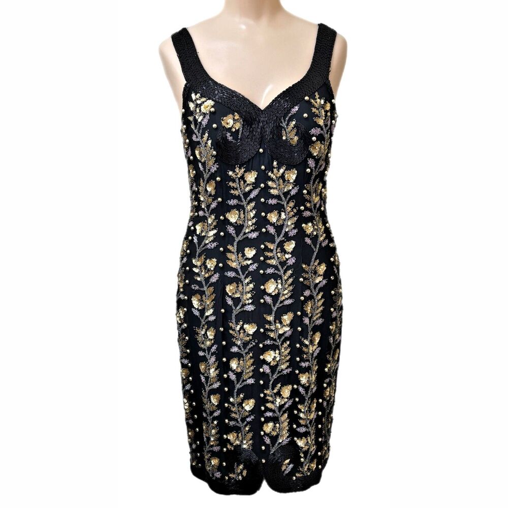 AJ Bari Noir Evening Beaded Silk Dress Size 8 Vintage Cocktail Occasion Cruise